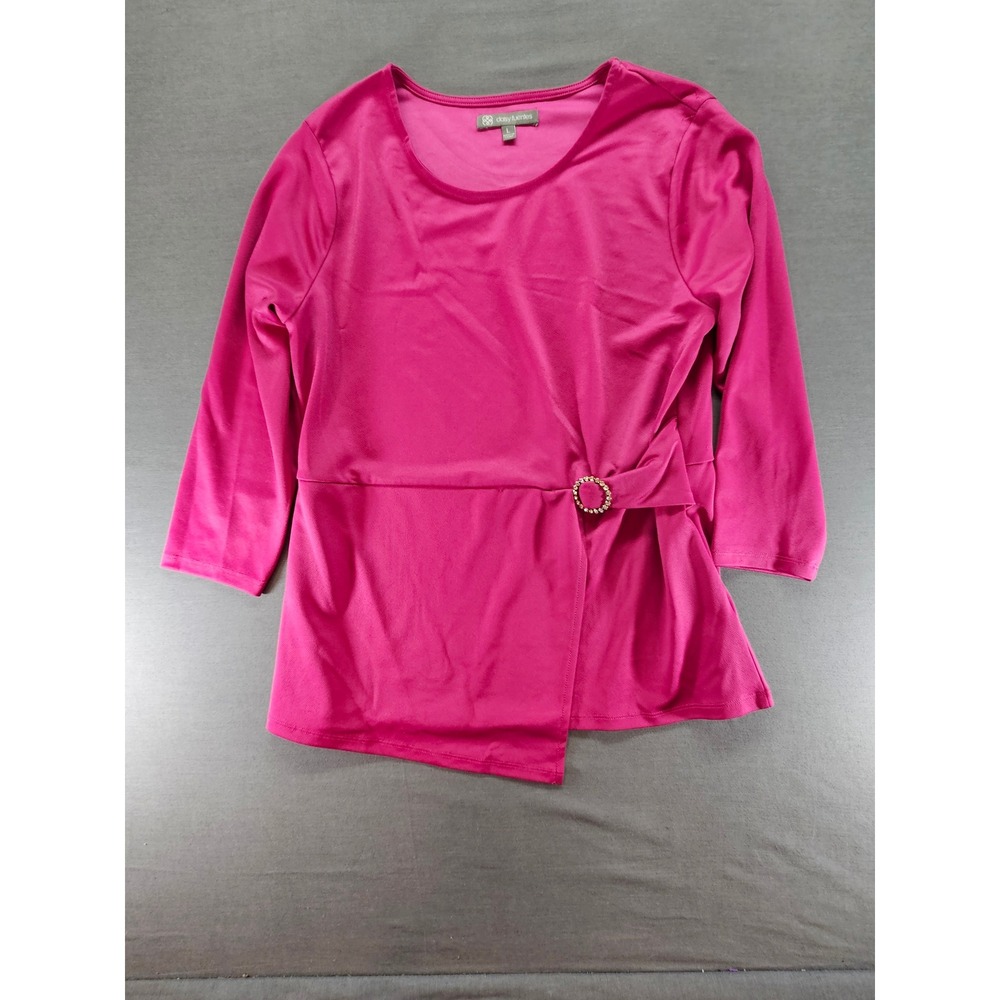 Daisy Fuentes Womens Magenta Pink Rhinestone Ring Faux Wrap Peplum Top Large